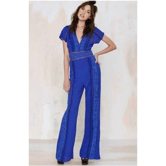 The Jetset Diaries Blue Embroidered Jumpsuit $295 V Neck Sz XS Revolve Maxi - Picture 1 of 10